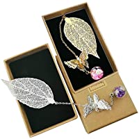 Marcapáginas Hojas Metal-RoadLoo 2 Piezas Marcador de Plumas con Mariposa 3D y Cuentas de Vidrio Colgante de flor Seca…